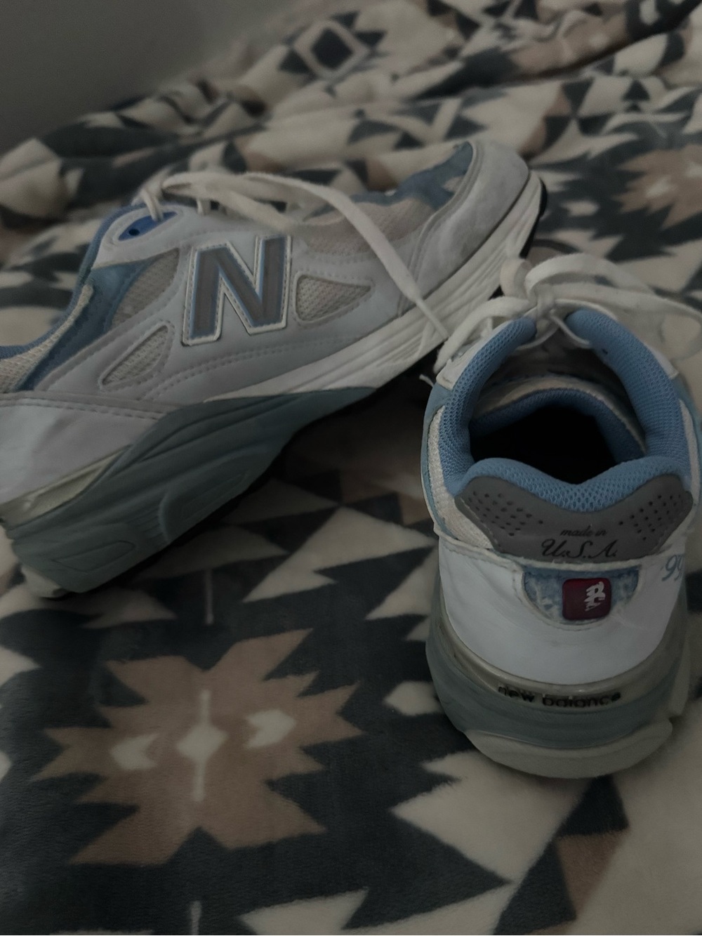 New Balance White and Light Blue Running Shoes